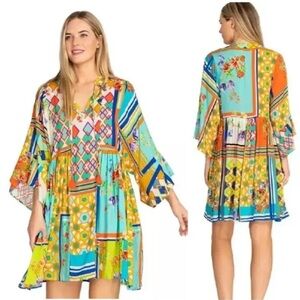 Johnny Was Mixi Short Kaftan Mini Dress Kimono Sleeves Beach Boho Tassels Small